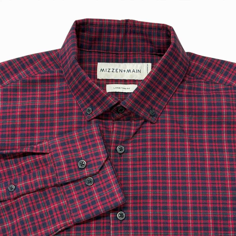 Mizzen+Main Mens Large Trim Fit Plaid Performance Dress Shirt Red Blue